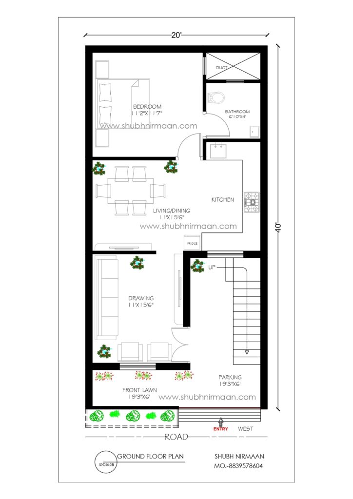 20X40 house plan with 1BHK, car parling and front garden