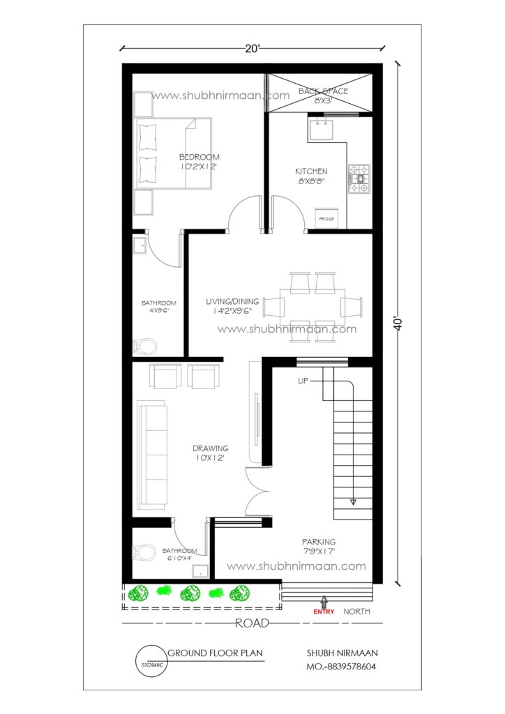 20x40 house plan with 1BHK with car parking