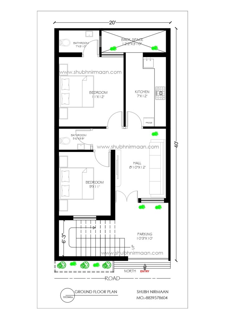20X40 house plan with 2bhk, front garden with car parking